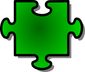 green jigsaw puzzle piece with 3 tabs, 1 blank