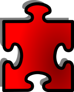 red jigsaw puzzle piece with one tab, 3 blanks